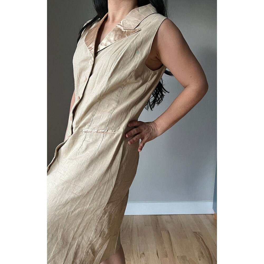 Vtg 90s Womens beige Linen tuxedo Suit shirt Dress Old Money Secretary‎ size 14